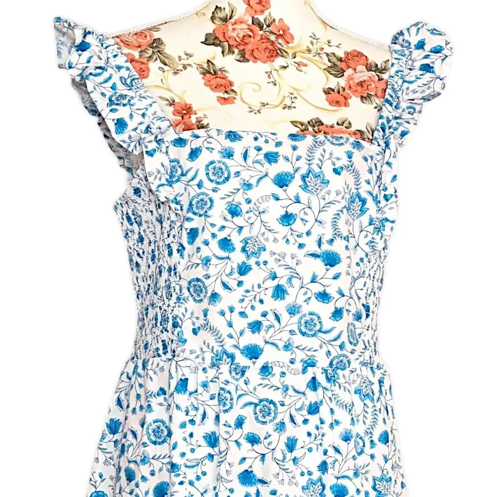 Draper James XL Maxi Sun Dress Ruffled White Blue Flounce Hem Beach Summer EUC